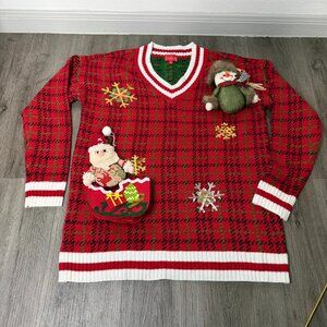 Joyland 3D Sequin Plaid Ugly Christmas Sweater V-Neck Size L